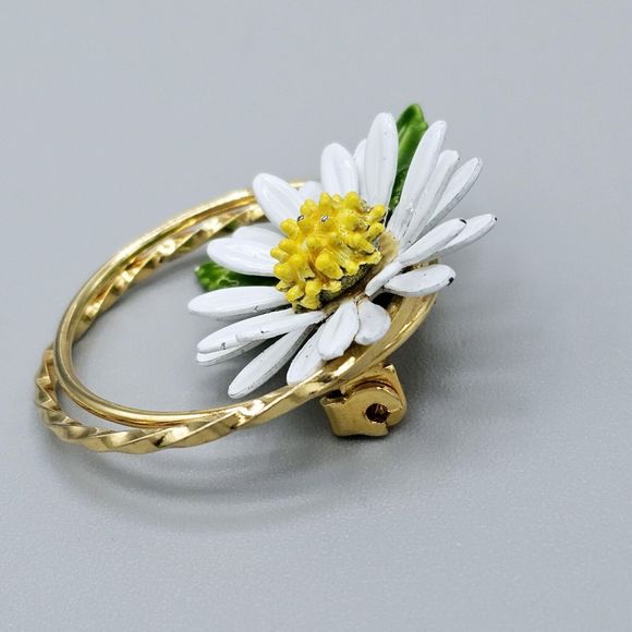 Daisy Flower Brooch Vintage Enamel Double Circle 10k Gold Plated 3D Jewelry - Picture 3 of 9